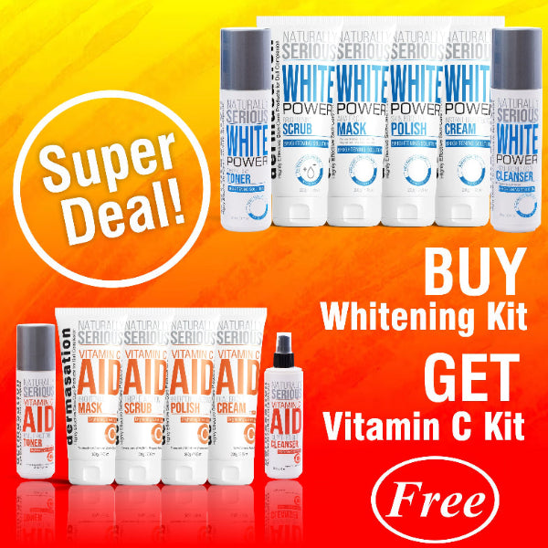 The image shows a 'Super Deal' promotional offer for a skincare kit, with the text 'BUY Whitening Kit GET Vitamin C Kit Free'. The sets are displayed with various products including serums and creams, indicating the bundle includes a total of eight skincare items.