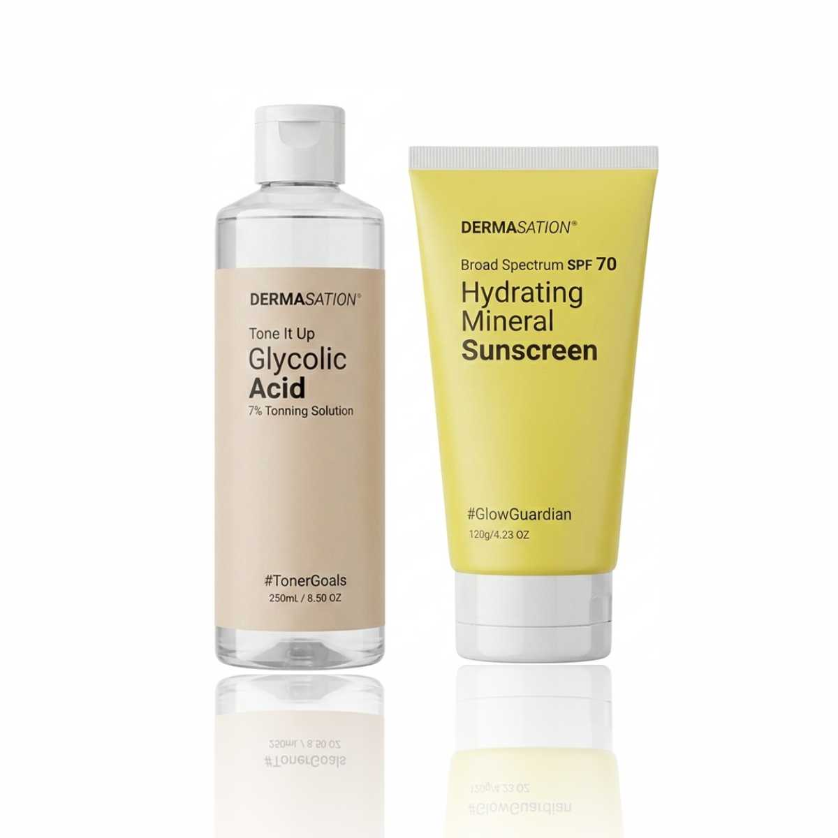Dermasation skincare set featuring a clear bottle of Tone It Up Glycolic Acid 7% Toning Solution next to a yellow tube of Hydrating Mineral Sunscreen SPF 70, on a white background with a soft reflection.